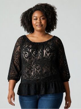 Sheer Black Lace Crochet Floral Peasant Top